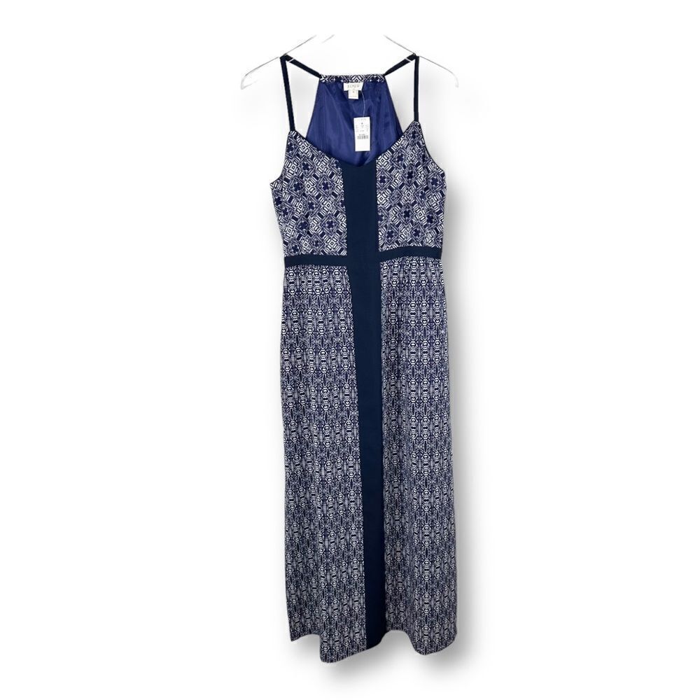 J. Crew Navy Blue Patterned Halter Style Maxi‎ Dress NWT Sz 8